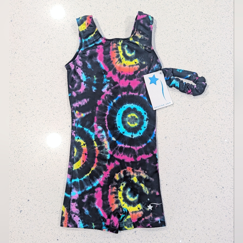 NEW Unitard +Scrunchie Destira Gymnastics Dance Leotard CS Small TIEDYE RAINBOW